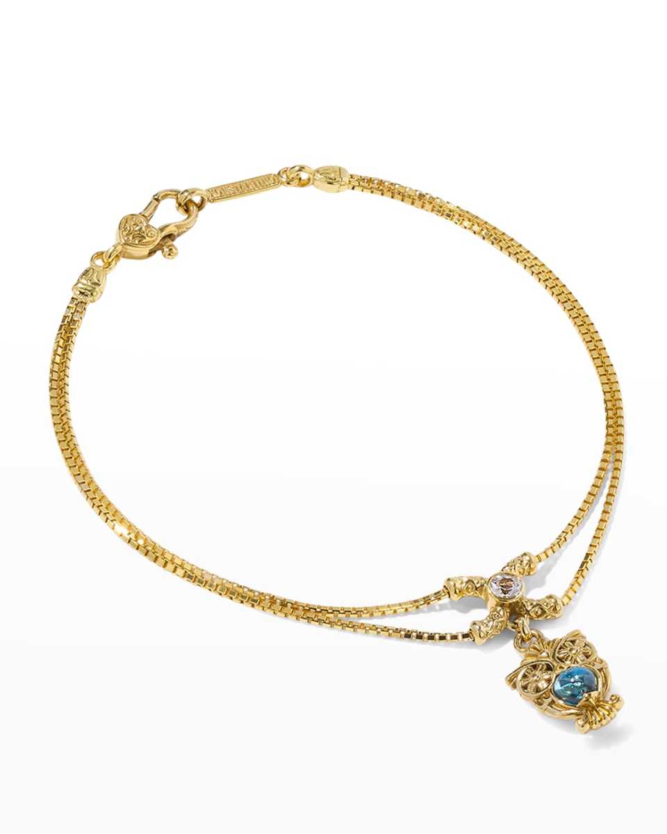 18K Yellow Gold White Sapphire and Topaz Owl Charm Bracelet
